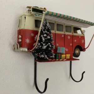 Retro Bus   met luifel kerst metalen wandbord met 2 haken Rood