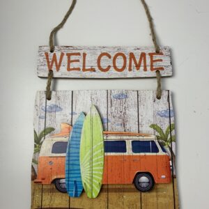 Tuinbord welcome met retro bus vw t2 Look Oranje