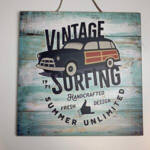 Houten wandbord Vintage surfing 30 x 30 cm