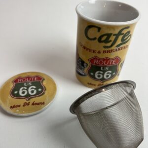 Retro thee mok met zeef "Route 66" geel