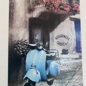 Metalen wandbord blauwe retro scooter
